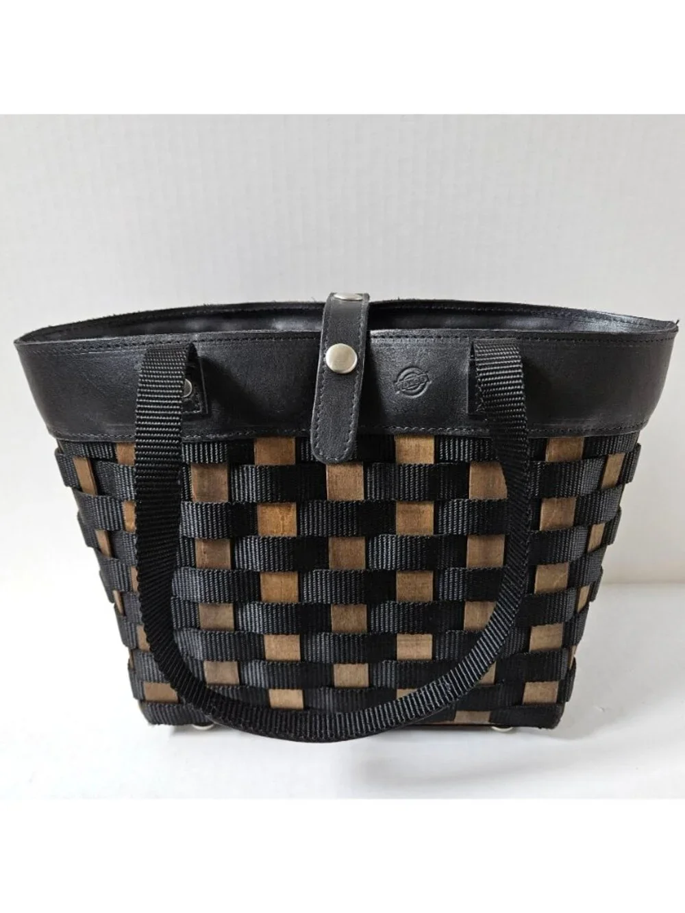 Longaberger To Go Small Shopping Tote Basket Black Woven Nylon Leather Purse Bag